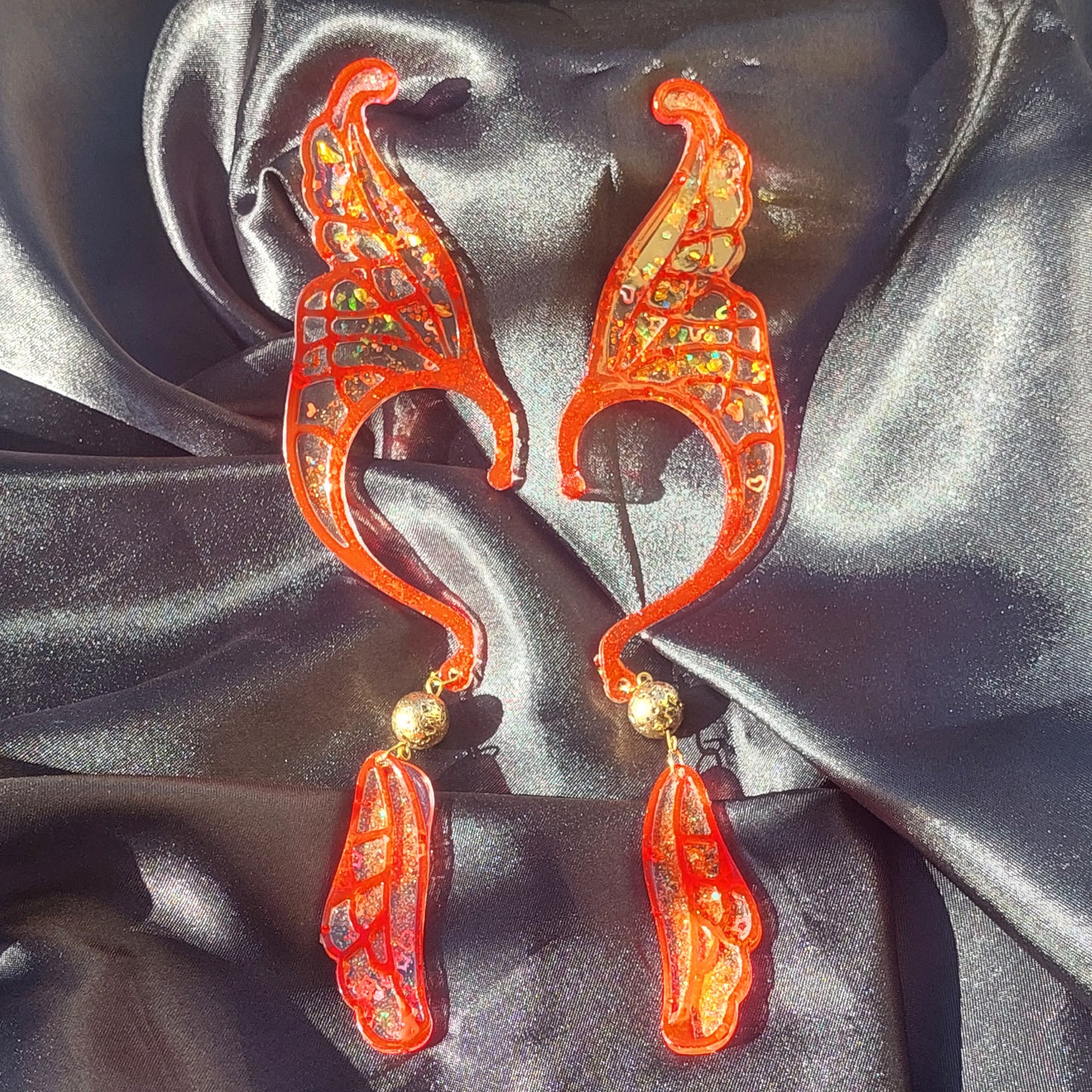 Unique Red Resin Elf Ears with Crystals & Golden Lava Beads – Stained Glass Fantasy Ear Cuffs, Limited Edition