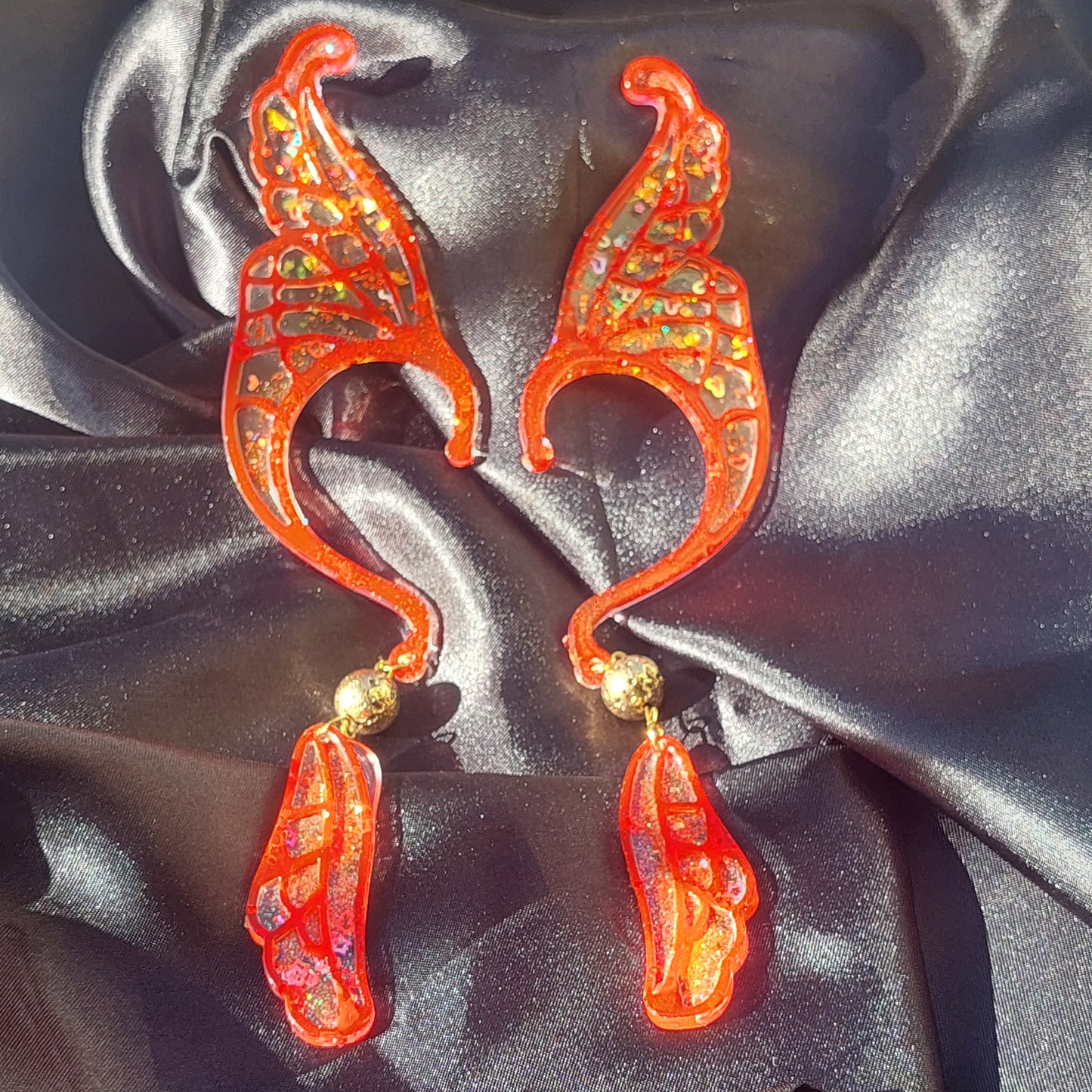 Unique Red Resin Elf Ears with Crystals & Golden Lava Beads – Stained Glass Fantasy Ear Cuffs, Limited Edition