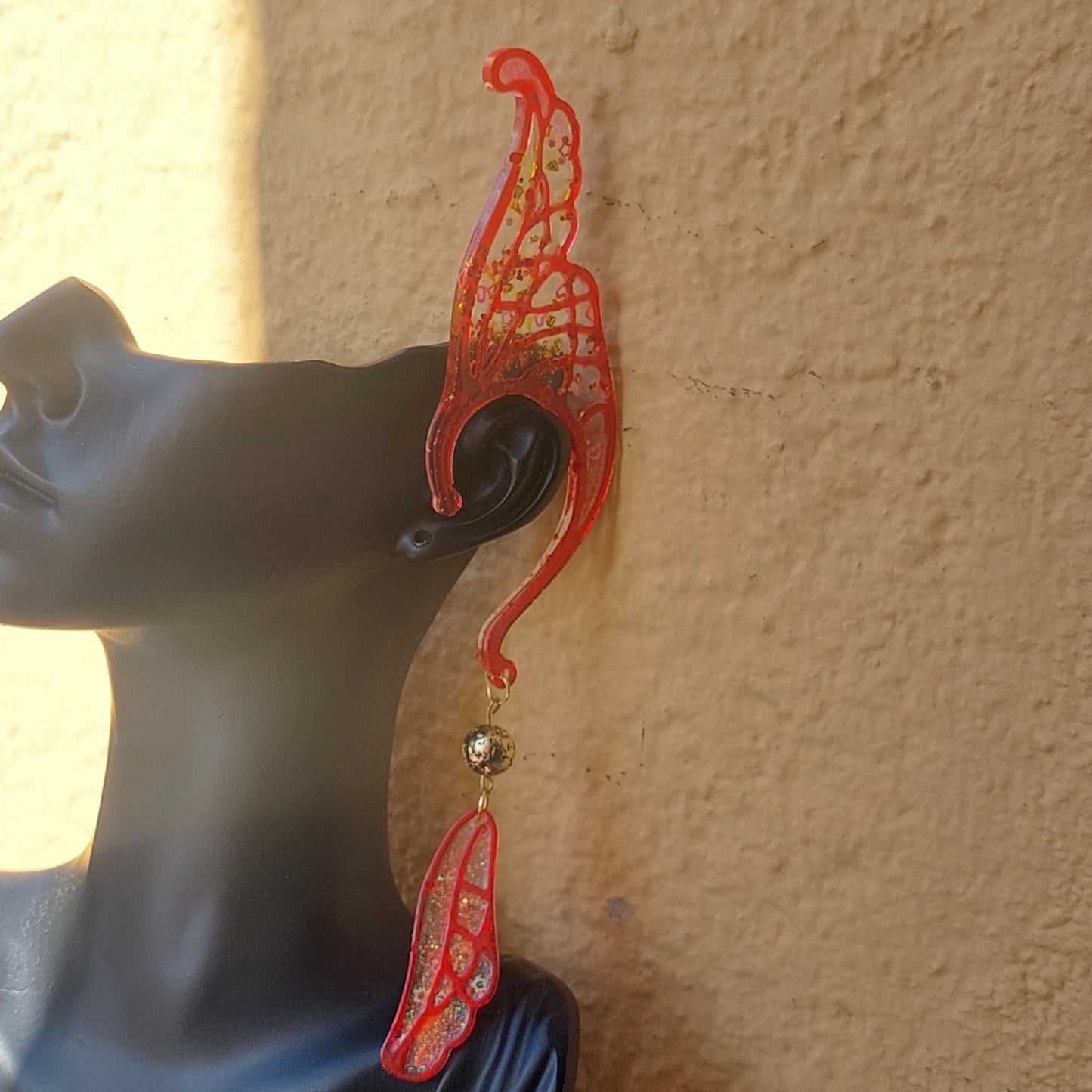 Unique Red Resin Elf Ears with Crystals & Golden Lava Beads – Stained Glass Fantasy Ear Cuffs, Limited Edition