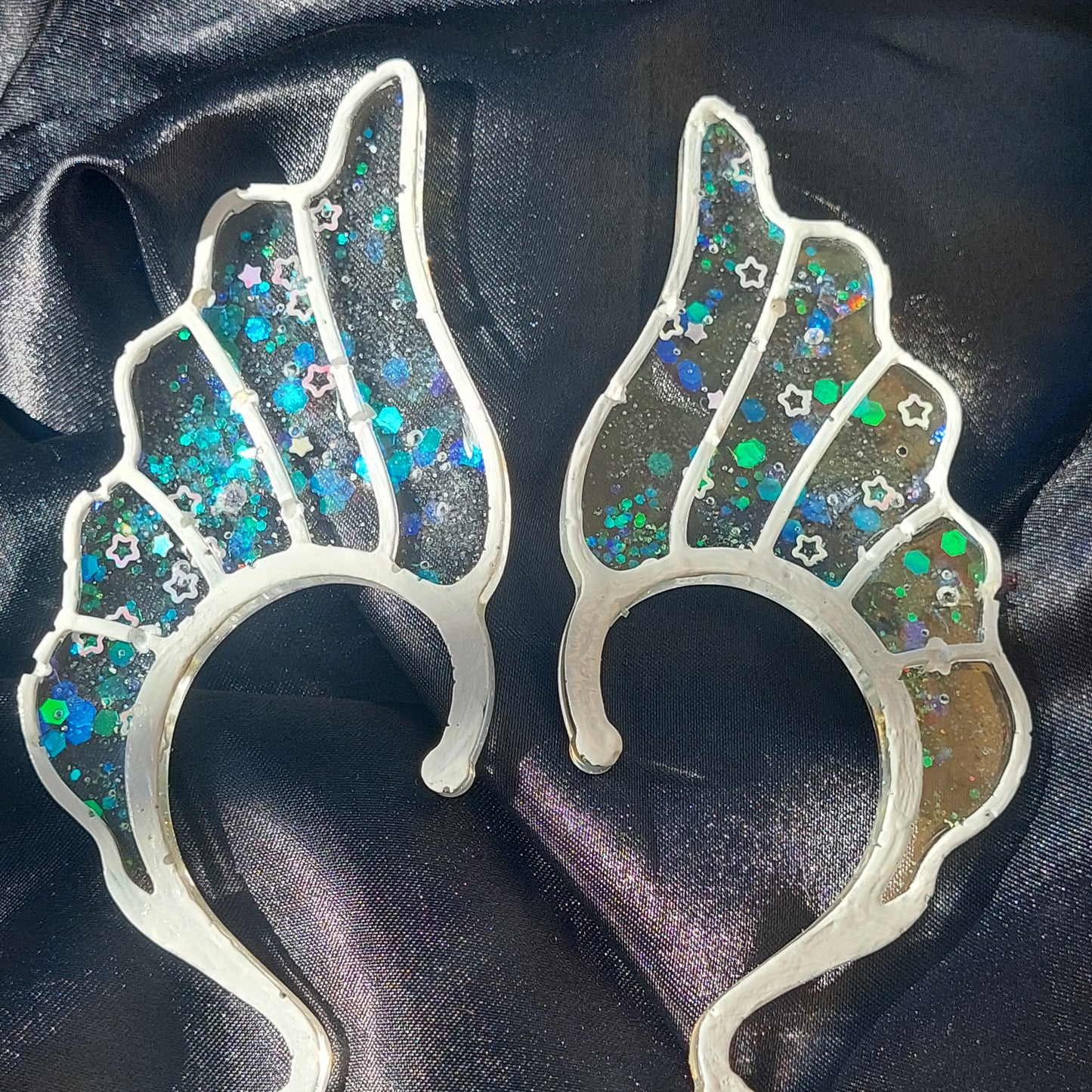 Delicate Blue Resin Elf Ears with Crystals & Lava Beads – Stained Glass Fantasy Ear Cuffs, Limited Edition