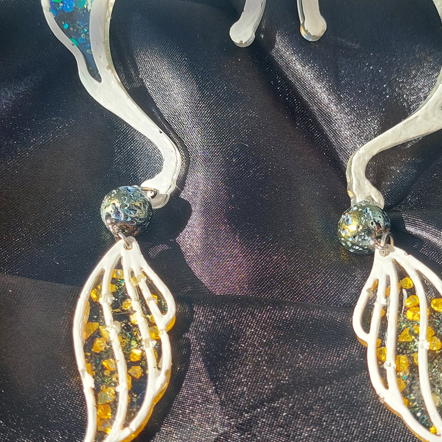 Delicate Blue Resin Elf Ears with Crystals & Lava Beads – Stained Glass Fantasy Ear Cuffs, Limited Edition