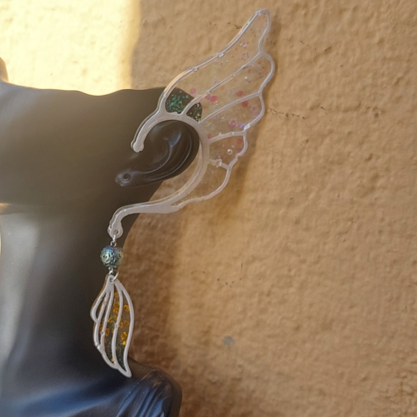 Delicate Blue Resin Elf Ears with Crystals & Lava Beads – Stained Glass Fantasy Ear Cuffs, Limited Edition