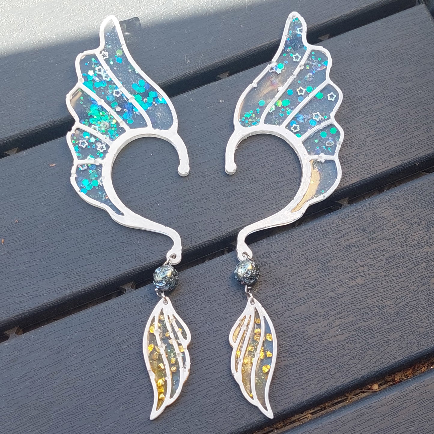 Delicate Blue Resin Elf Ears with Crystals & Lava Beads – Stained Glass Fantasy Ear Cuffs, Limited Edition