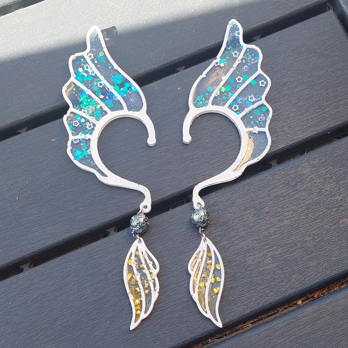 Delicate Blue Resin Elf Ears with Crystals & Lava Beads – Stained Glass Fantasy Ear Cuffs, Limited Edition