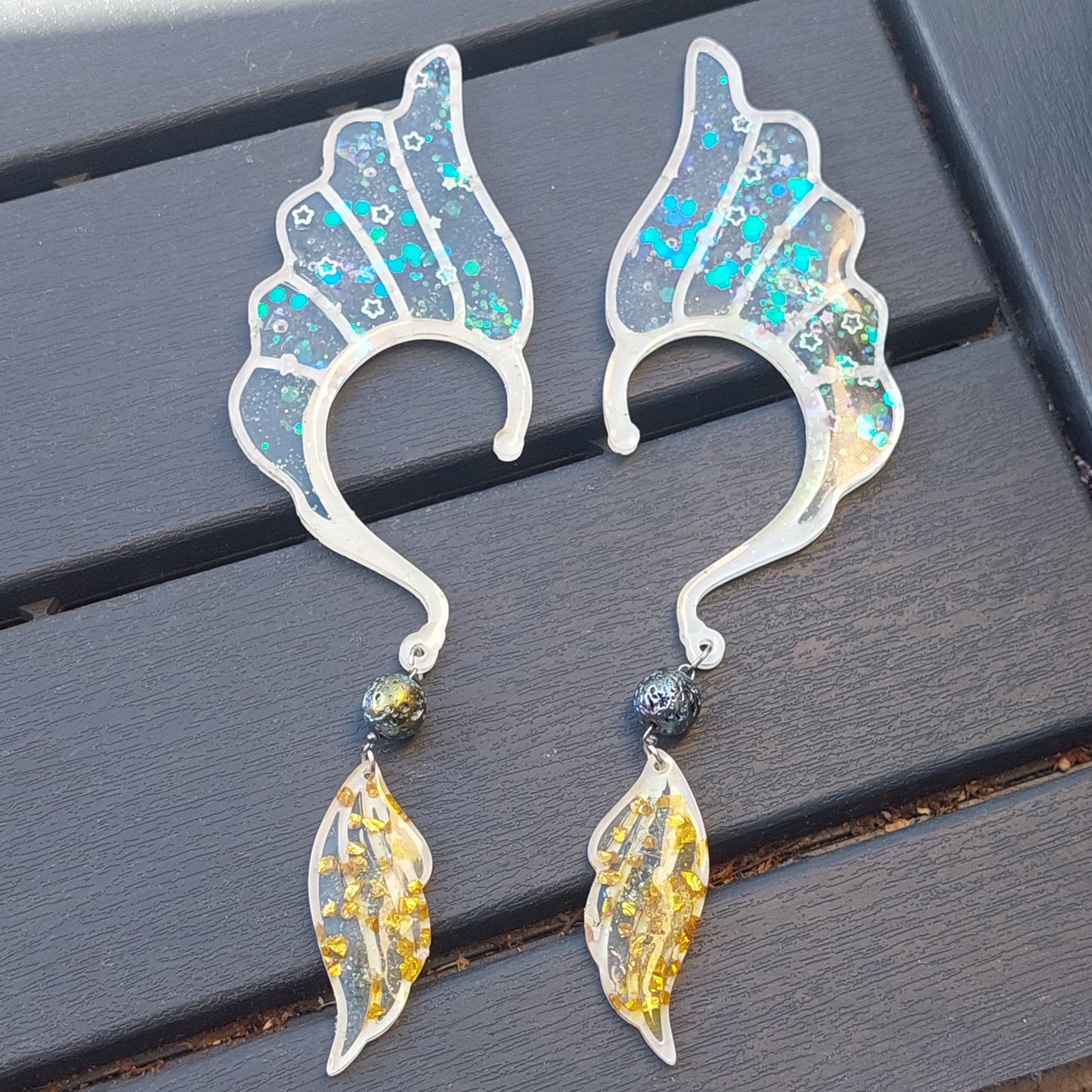 Delicate Blue Resin Elf Ears with Crystals & Lava Beads – Stained Glass Fantasy Ear Cuffs, Limited Edition