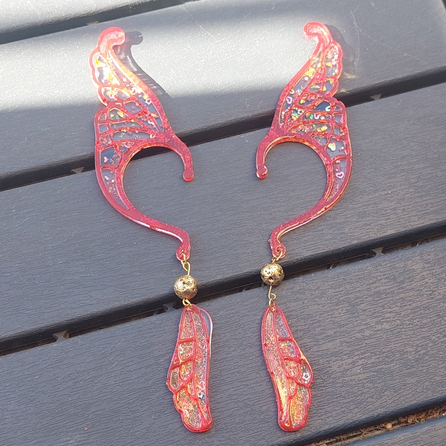 Unique Red Resin Elf Ears with Crystals & Golden Lava Beads – Stained Glass Fantasy Ear Cuffs, Limited Edition