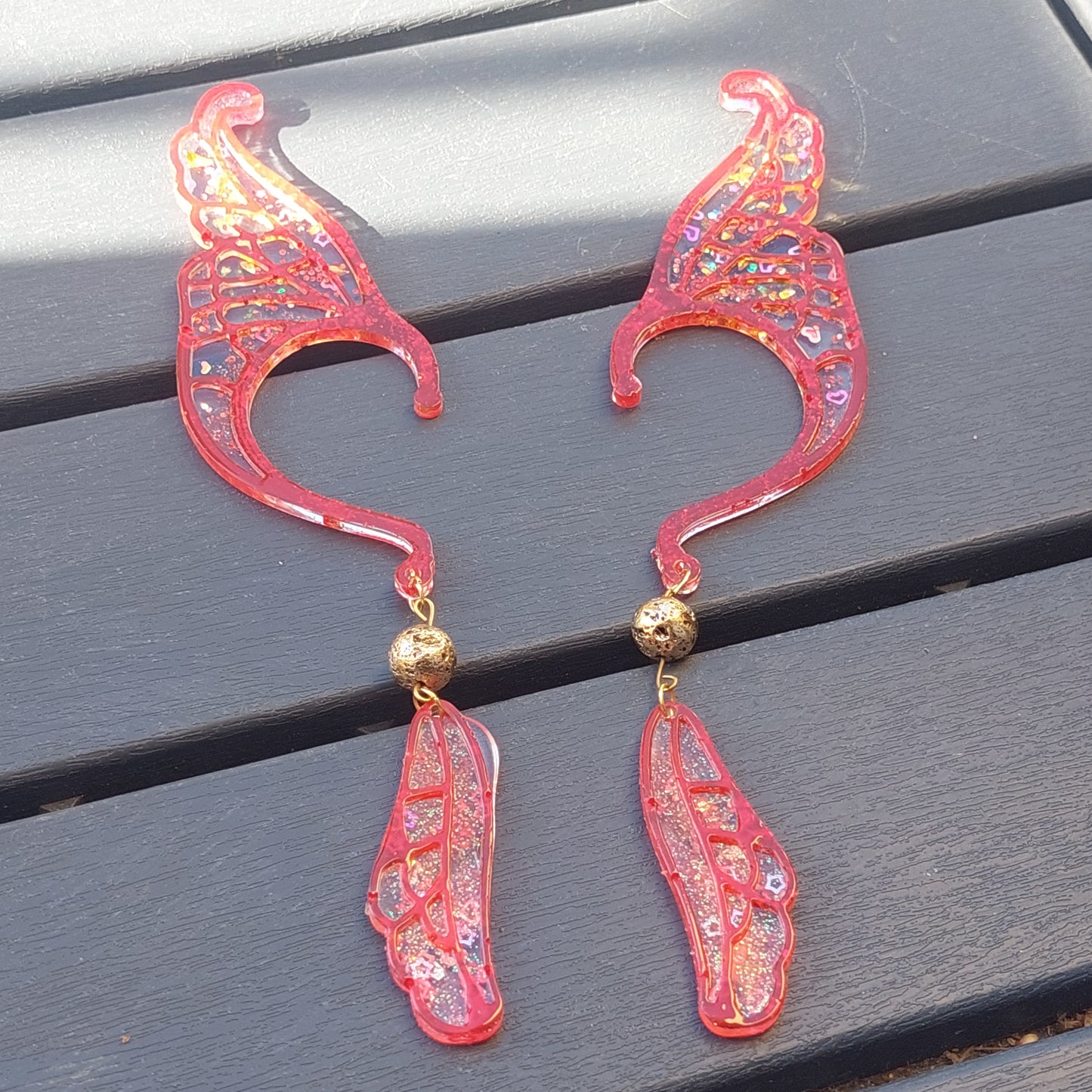 Unique Red Resin Elf Ears with Crystals & Golden Lava Beads – Stained Glass Fantasy Ear Cuffs, Limited Edition