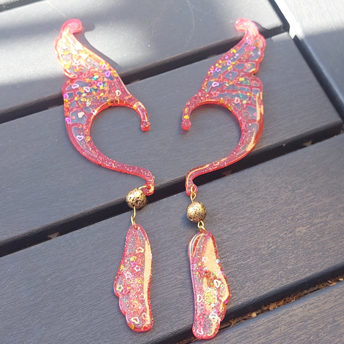 Unique Red Resin Elf Ears with Crystals & Golden Lava Beads – Stained Glass Fantasy Ear Cuffs, Limited Edition