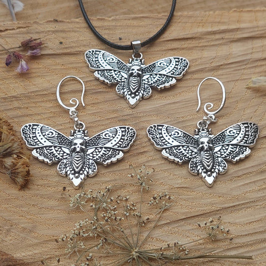 Gothic Jewelry Set, Stainless Steel Silver Skull Butterfly Necklace, Earrings Gift with Gift Box