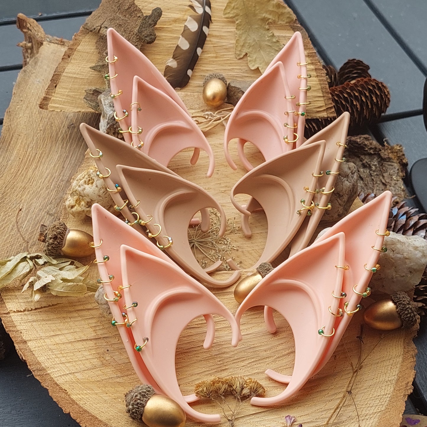 Elf Ears Silicone Soft with Gold Piercing & Crystals – Fantasy Cosplay Accessory in 2 Sizes & 3 Colors – Gift Box Included