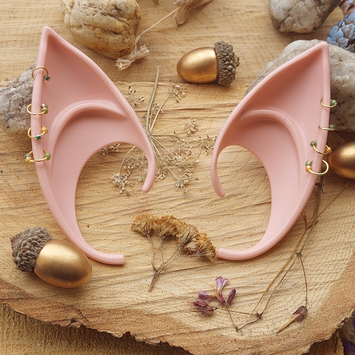 Elf Ears Silicone Soft with Gold Piercing & Crystals – Fantasy Cosplay Accessory in 2 Sizes & 3 Colors – Gift Box Included