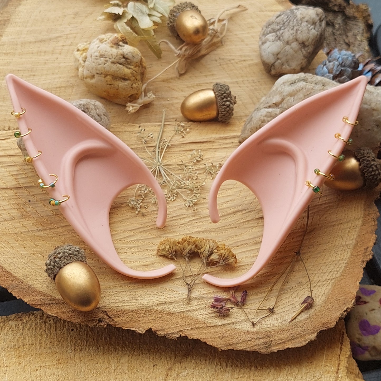 Elf Ears Silicone Soft with Gold Piercing & Crystals – Fantasy Cosplay Accessory in 2 Sizes & 3 Colors – Gift Box Included