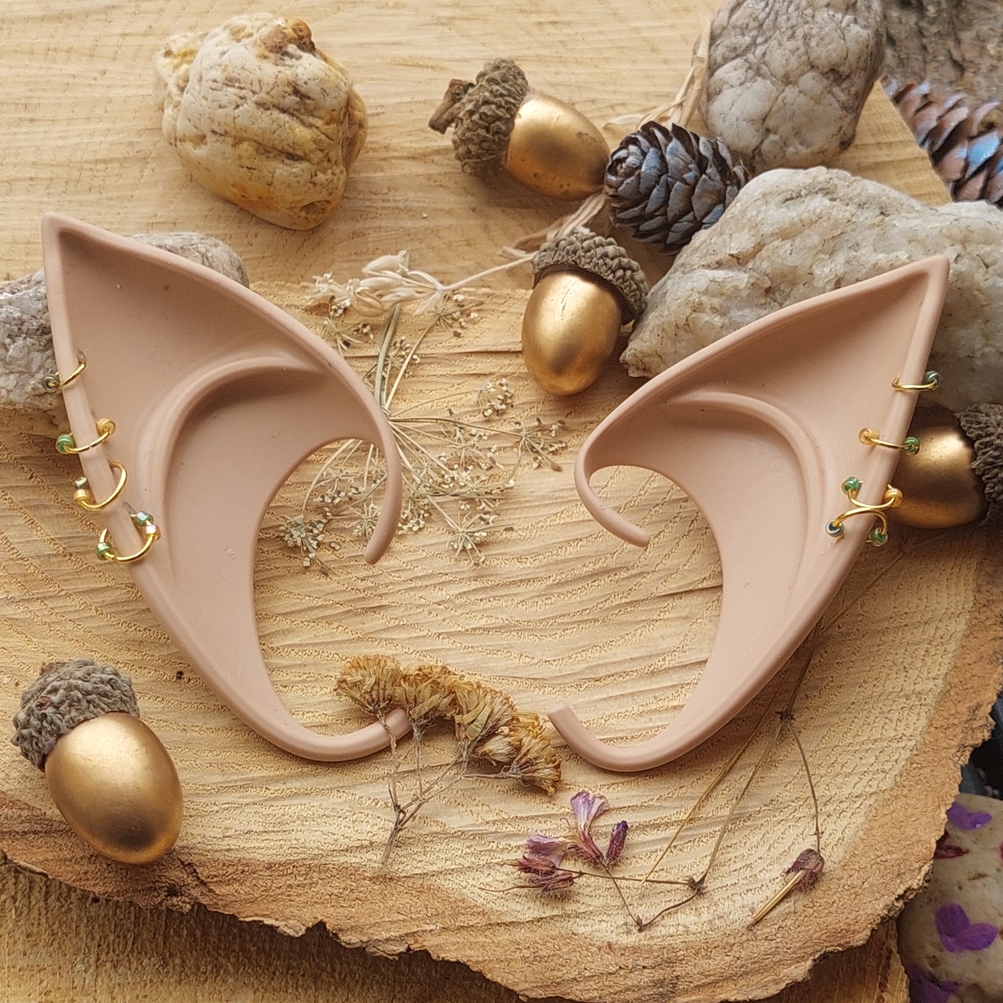 Elf Ears Silicone Soft with Gold Piercing & Crystals – Fantasy Cosplay Accessory in 2 Sizes & 3 Colors – Gift Box Included