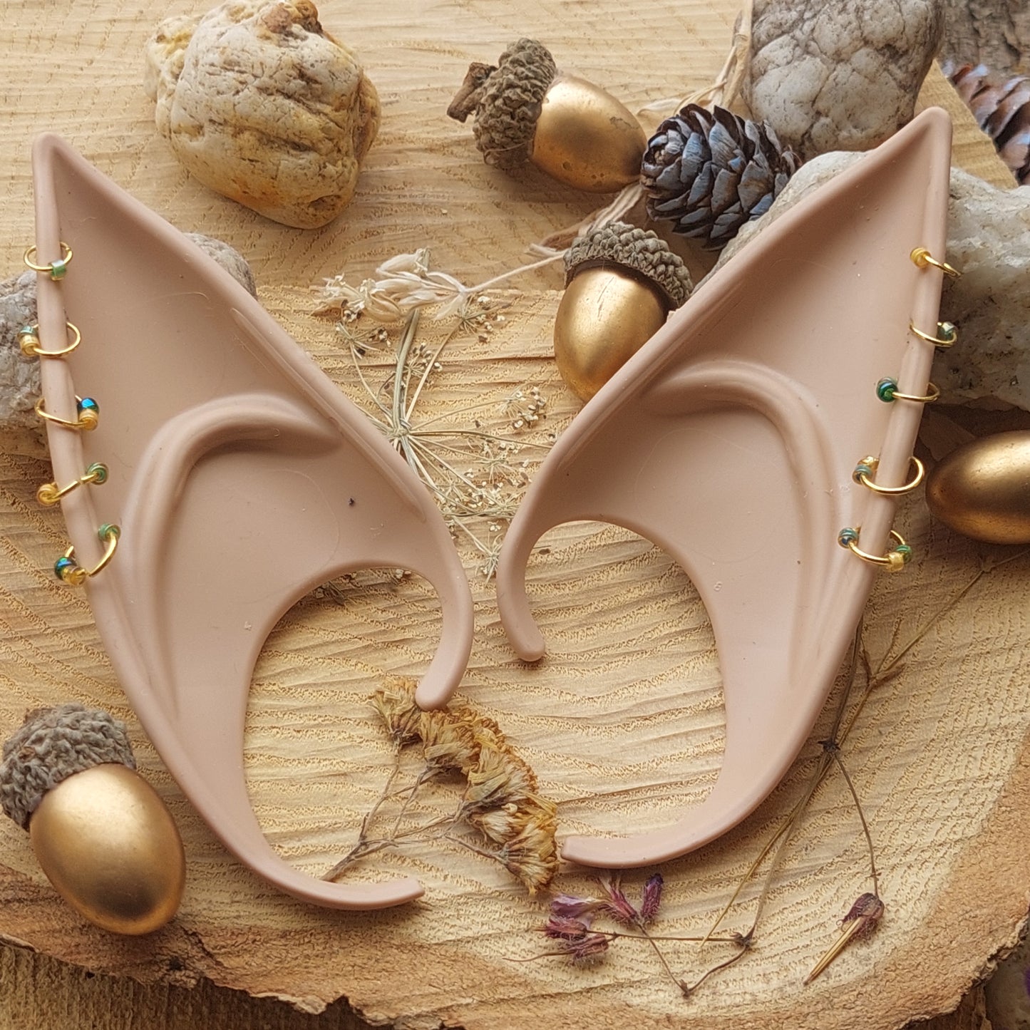 Elf Ears Silicone Soft with Gold Piercing & Crystals – Fantasy Cosplay Accessory in 2 Sizes & 3 Colors – Gift Box Included