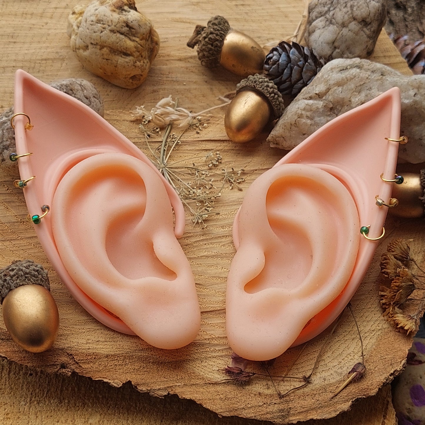 Elf Ears Silicone Soft with Gold Piercing & Crystals – Fantasy Cosplay Accessory in 2 Sizes & 3 Colors – Gift Box Included