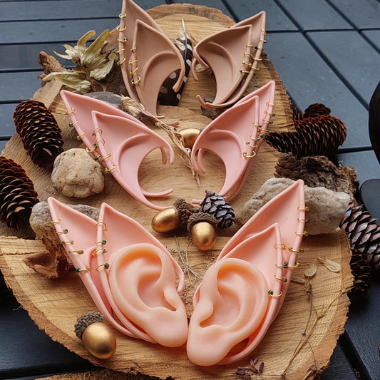 Elf Ears Silicone Soft with Gold Piercing & Crystals – Fantasy Cosplay Accessory in 2 Sizes & 3 Colors – Gift Box Included