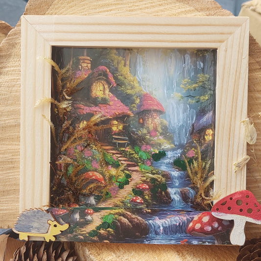 Unique Mini Art Collage – Fairy Tale Castle in the Forest, 12×12 cm Handmade Wall or Desk Decor with Natural Moss, One of a Kind Gift