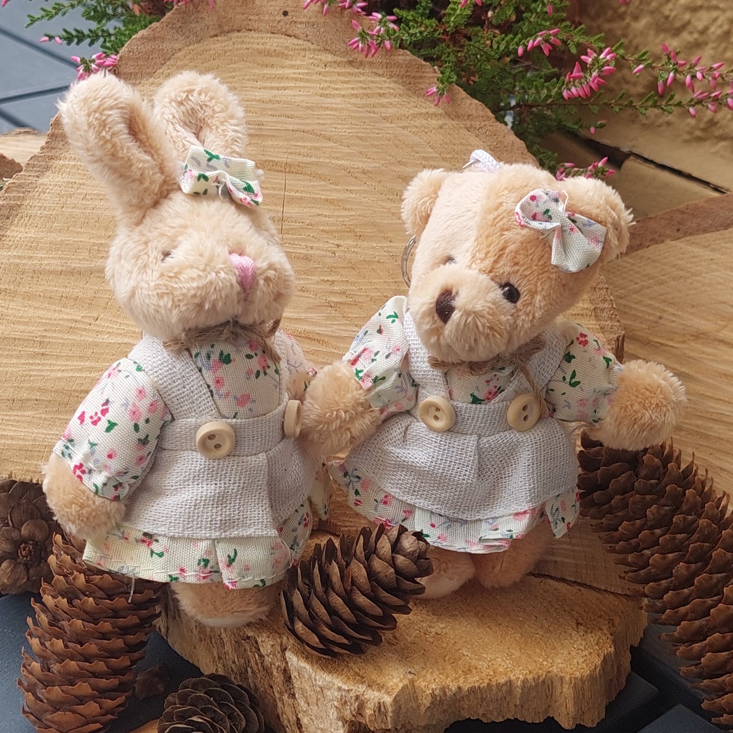 Inseparable Plush Toy Pair – Bear & Bunny Friends, 12 cm Softies, Keychain, Desk or Shelf Decor, Magical Gift Set