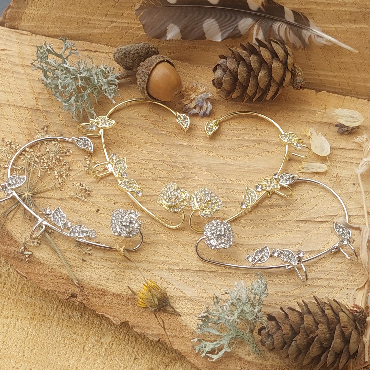 Elven Ear Cuffs with Crystal Flowers – No Piercing Fairy Earrings in Gold & Silver