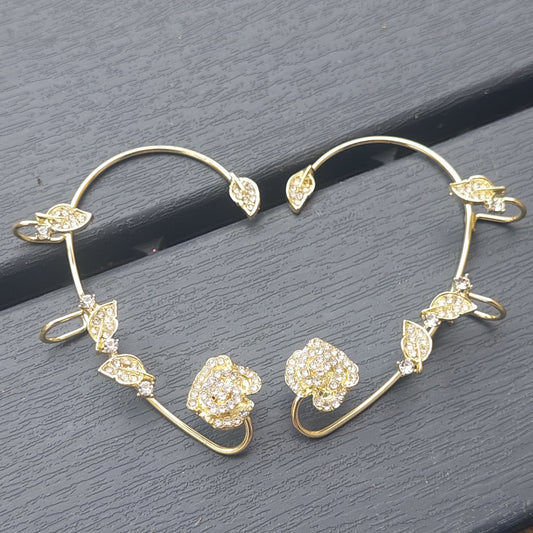 Elven Ear Cuffs with Crystal Flowers – No Piercing Fairy Earrings in Gold & Silver