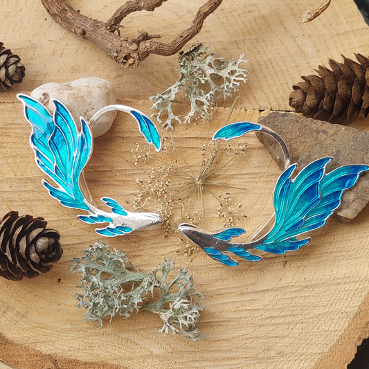 Elf Ear Cuff Earrings – Blue Enamel Goldfish Fairy Jewelry | Cosplay Anime Clip for Small Ears with Gift Box