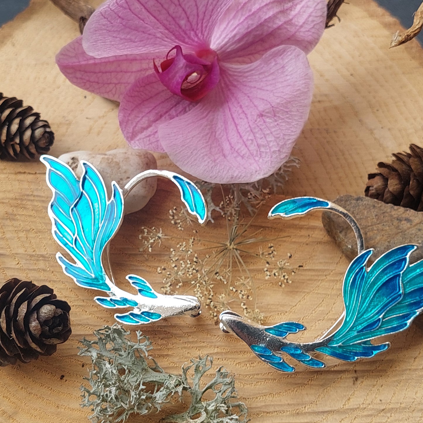 Elf Ear Cuff Earrings – Blue Enamel Goldfish Fairy Jewelry | Cosplay Anime Clip for Small Ears with Gift Box