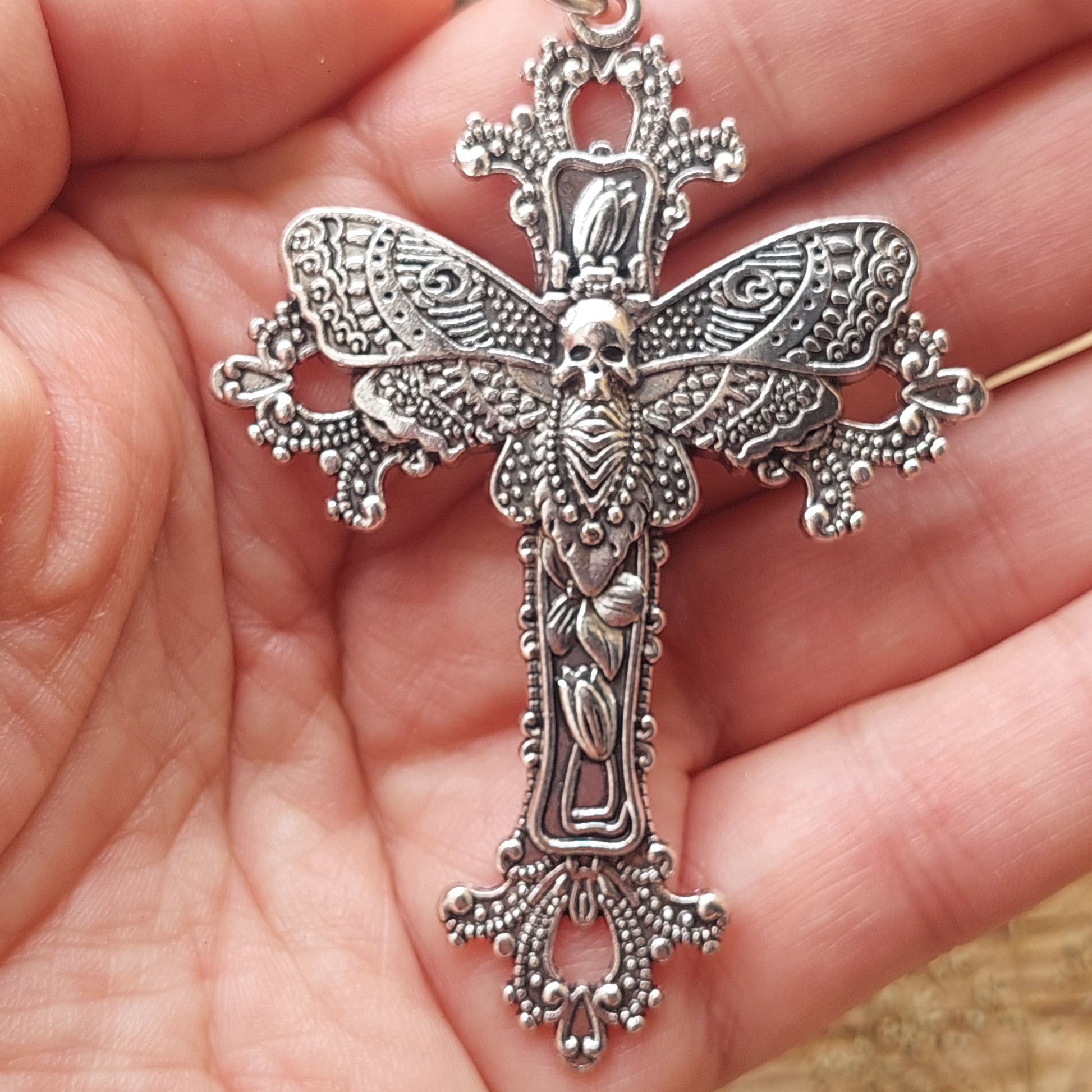 Gothic Cross Earrings with Skull Moth – Statement Silver Jewelry