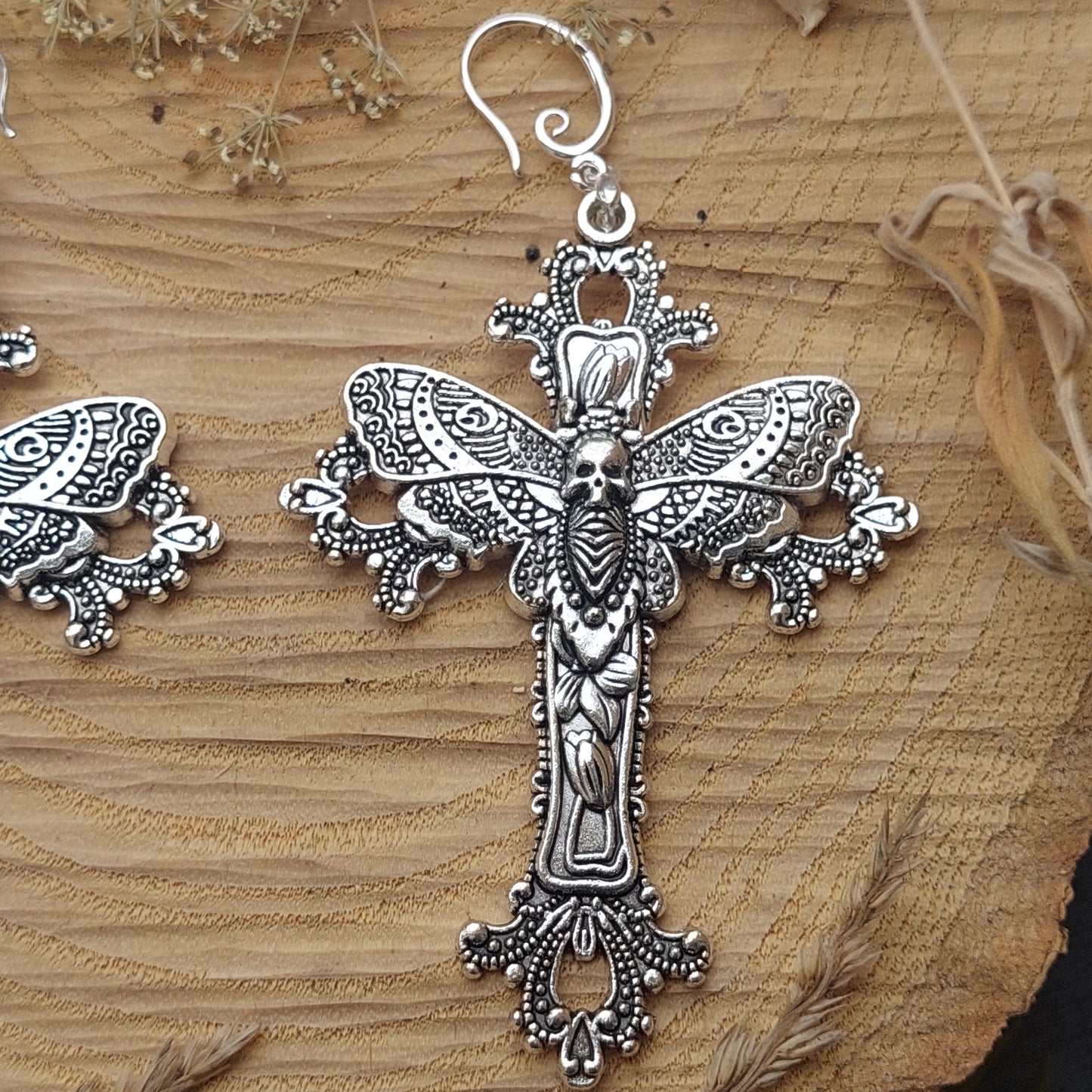 Gothic Cross Earrings with Skull Moth – Statement Silver Jewelry