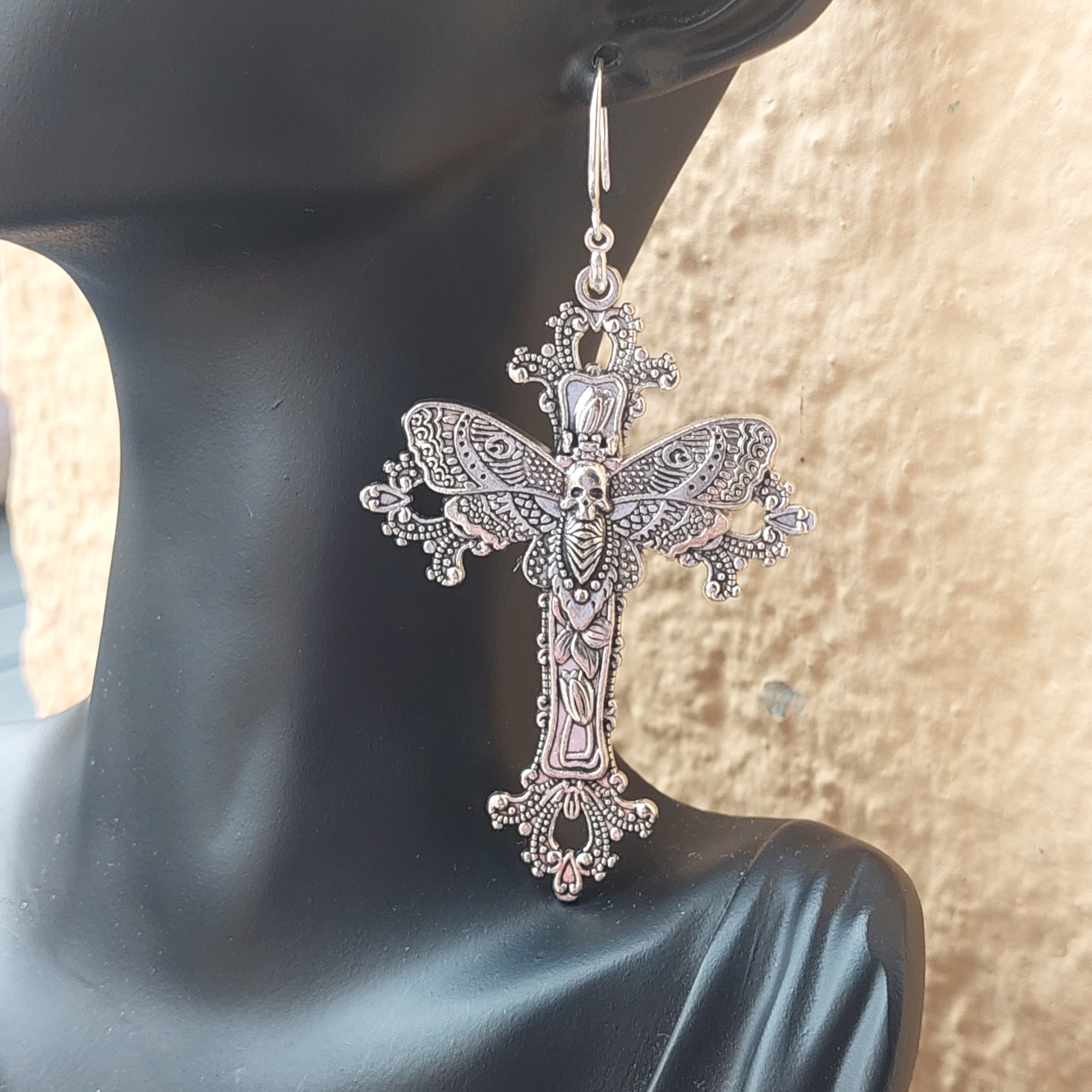 Gothic Cross Earrings with Skull Moth – Statement Silver Jewelry