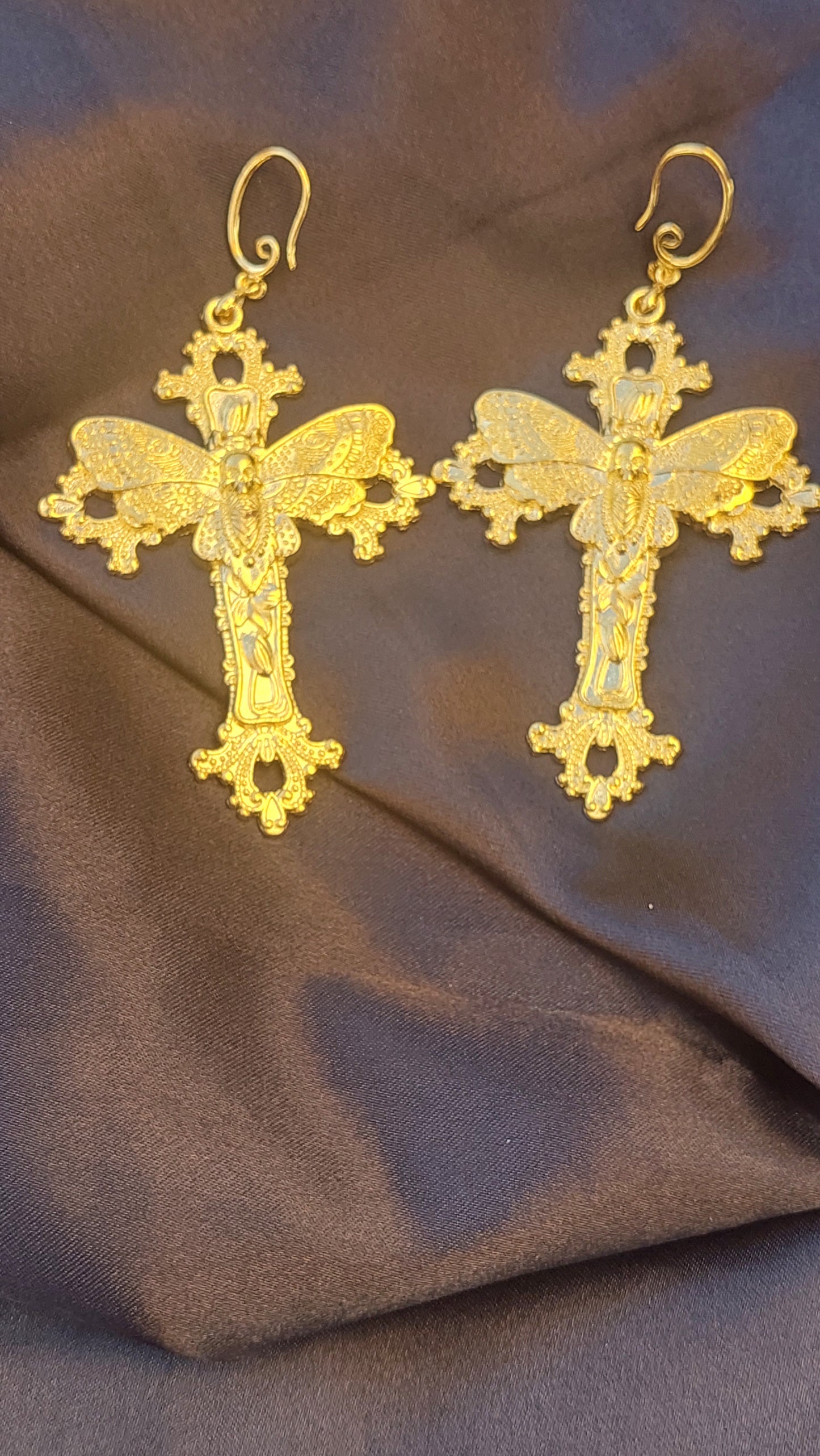Gothic Cross Earrings with Skull Moth – Statement Silver Jewelry