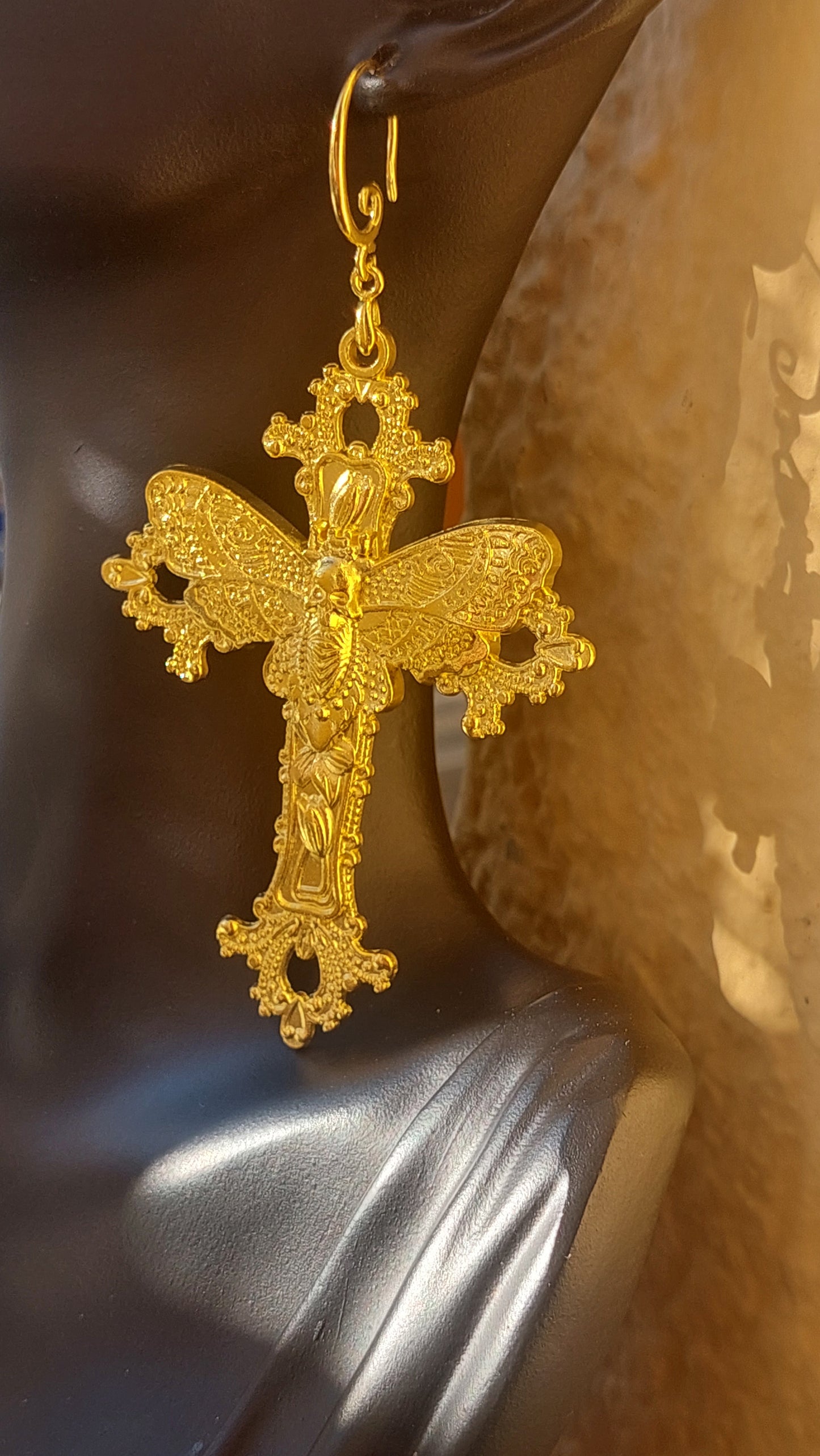 Gothic Cross Earrings with Skull Moth – Statement Silver Jewelry