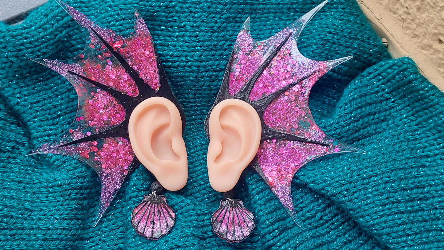 Unique Glamorous Resin Elf Ears with Crystals, Charms & Lava Beads – Stained Glass Fantasy Ear Cuffs, Limited Edition