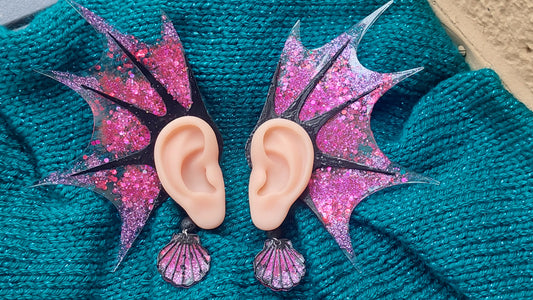 Unique Glamorous Resin Elf Ears with Crystals, Charms & Lava Beads – Stained Glass Fantasy Ear Cuffs, Limited Edition