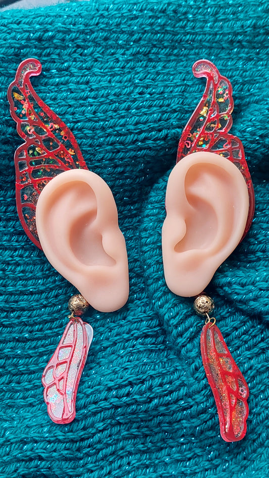 Unique Red Resin Elf Ears with Crystals & Golden Lava Beads – Stained Glass Fantasy Ear Cuffs, Limited Edition