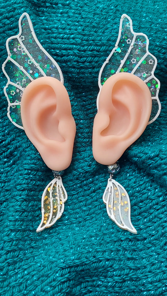 Delicate Blue Resin Elf Ears with Crystals & Lava Beads – Stained Glass Fantasy Ear Cuffs, Limited Edition