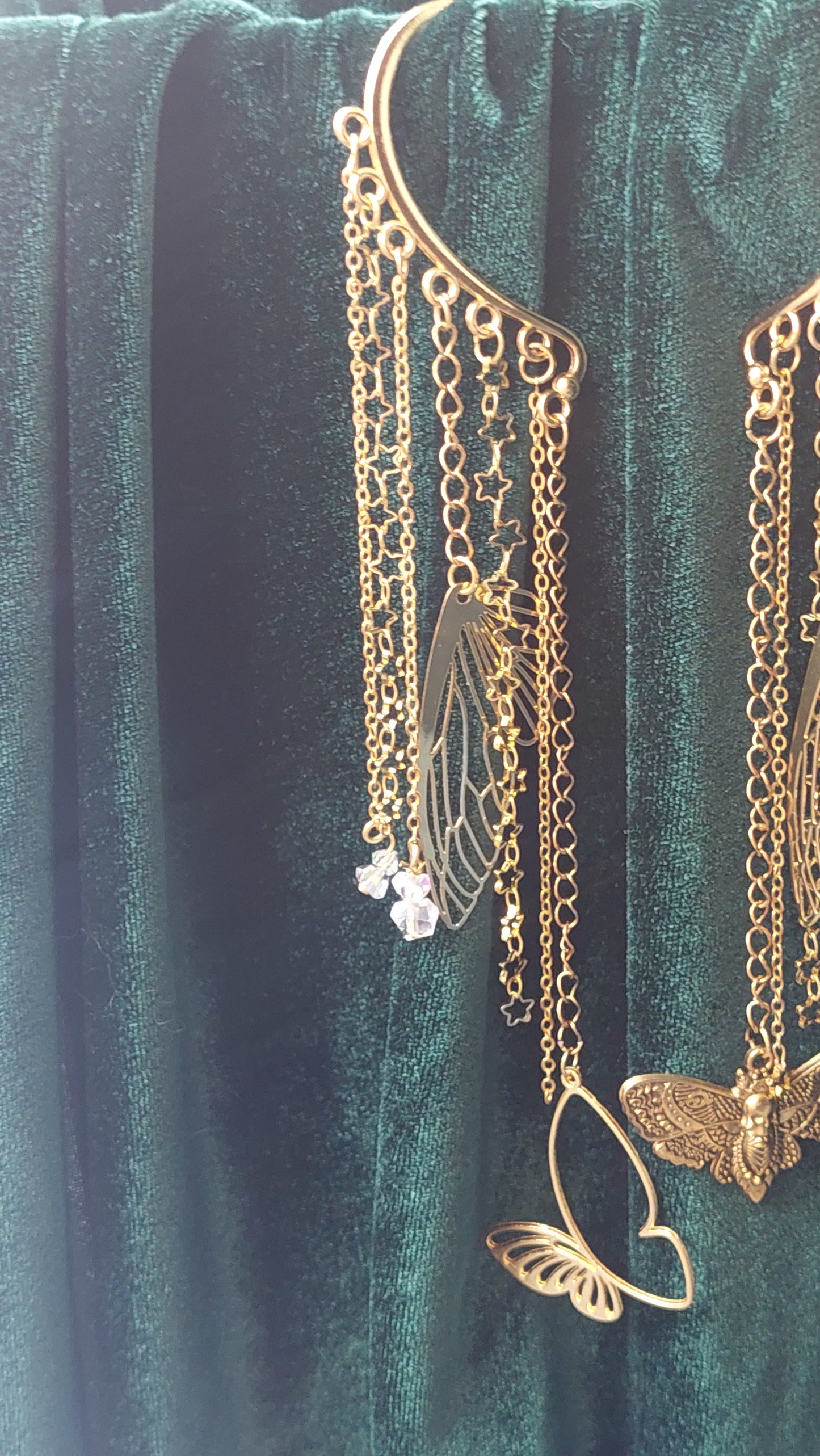 Mystical Moon Moth Ear Cuff – Gold Fairycore Butterfly Earcuff with Crystals | Non-Pierced Fantasy Jewelry, Handmade Gift