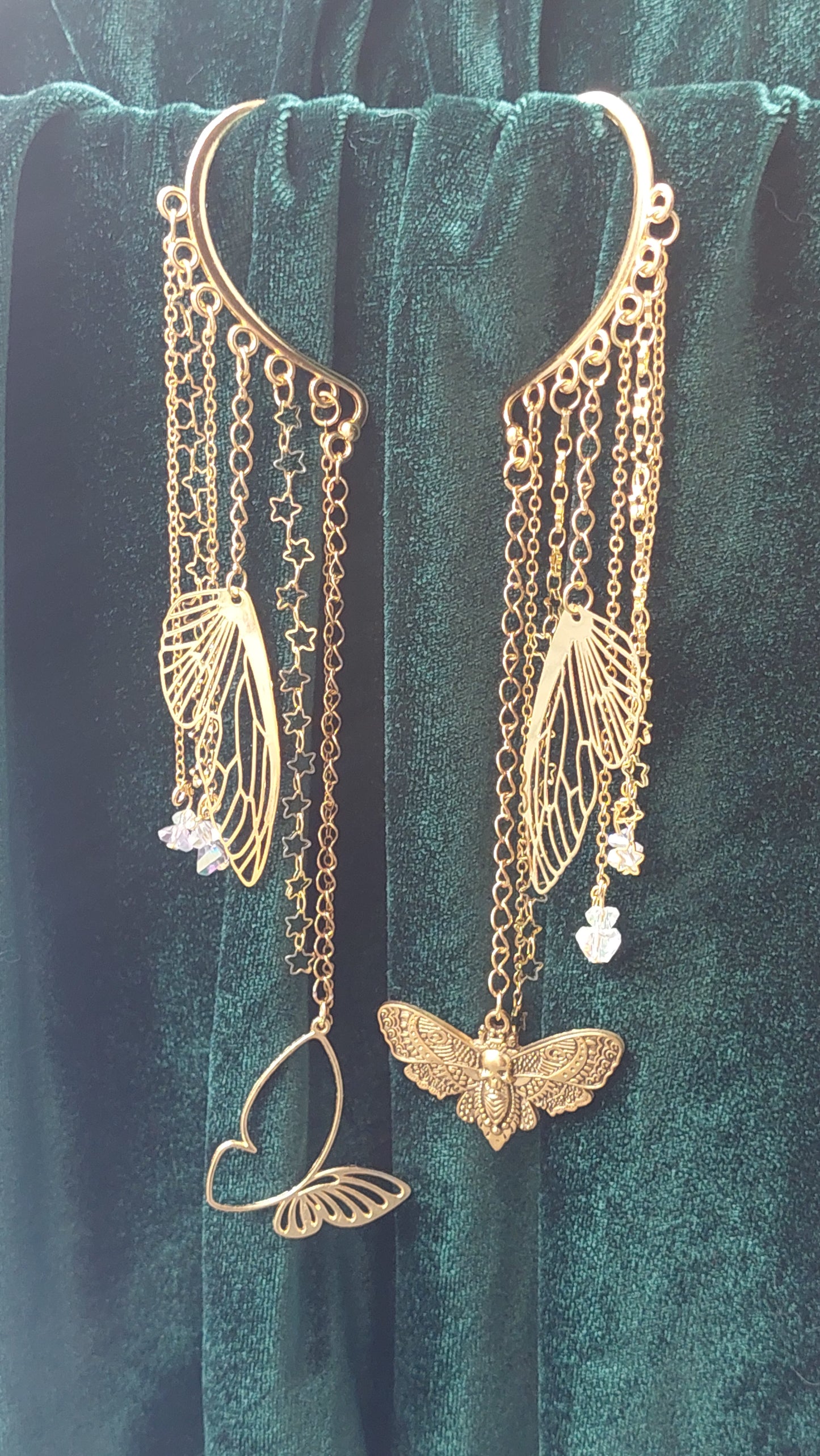 Mystical Moon Moth Ear Cuff – Gold Fairycore Butterfly Earcuff with Crystals | Non-Pierced Fantasy Jewelry, Handmade Gift