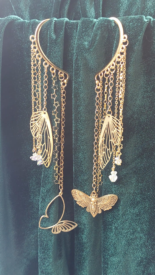 Mystical Moon Moth Ear Cuff – Gold Fairycore Butterfly Earcuff with Crystals | Non-Pierced Fantasy Jewelry, Handmade Gift