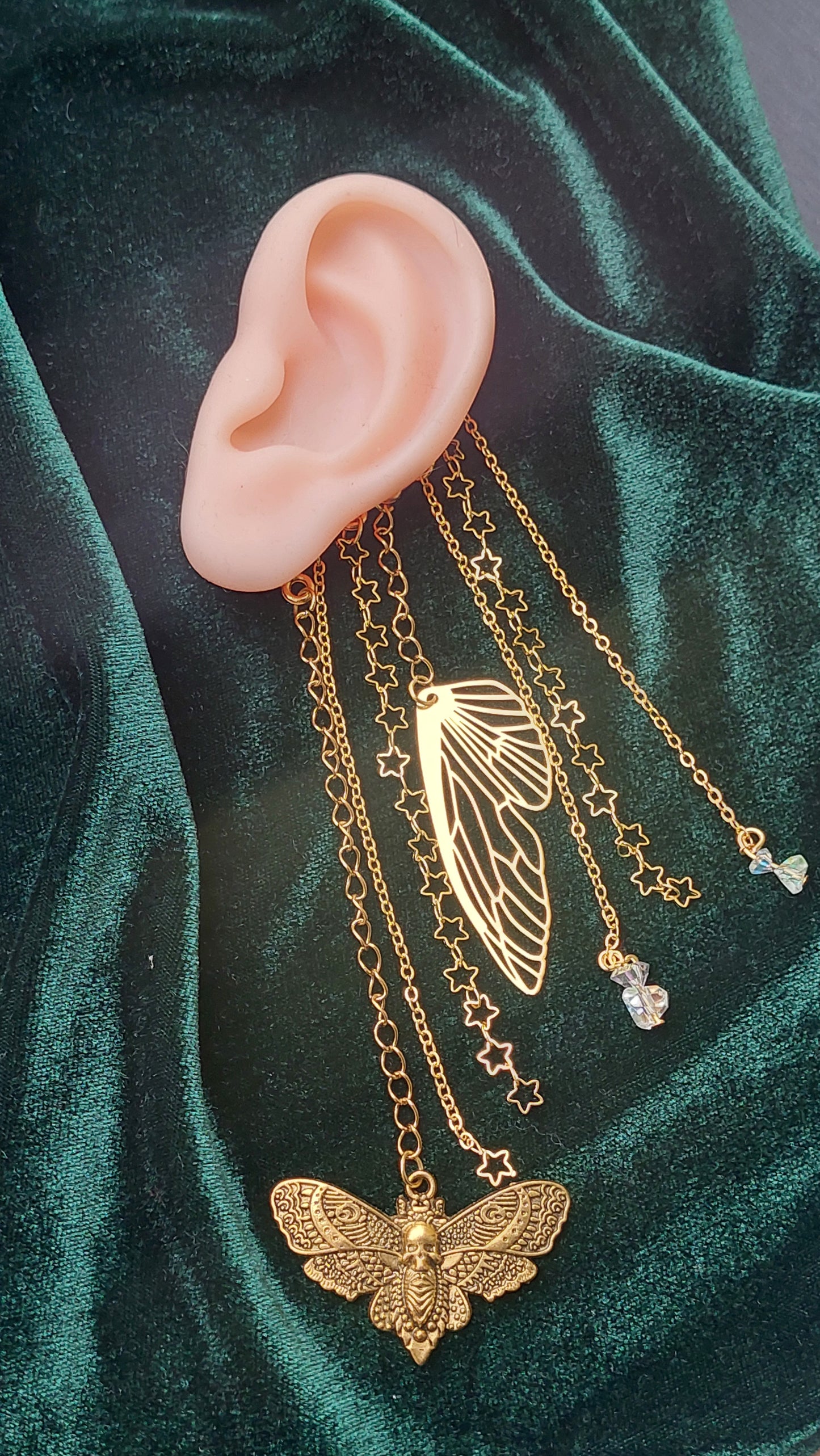 Mystical Moon Moth Ear Cuff – Gold Fairycore Butterfly Earcuff with Crystals | Non-Pierced Fantasy Jewelry, Handmade Gift