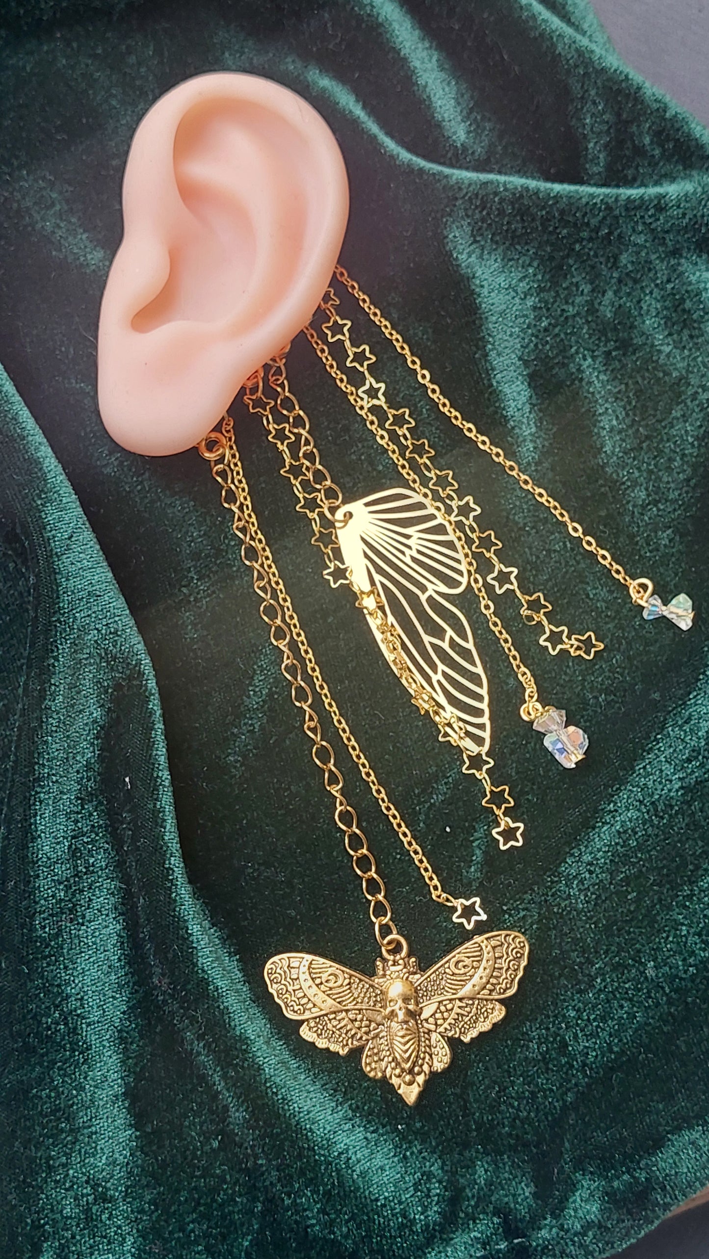 Mystical Moon Moth Ear Cuff – Gold Fairycore Butterfly Earcuff with Crystals | Non-Pierced Fantasy Jewelry, Handmade Gift