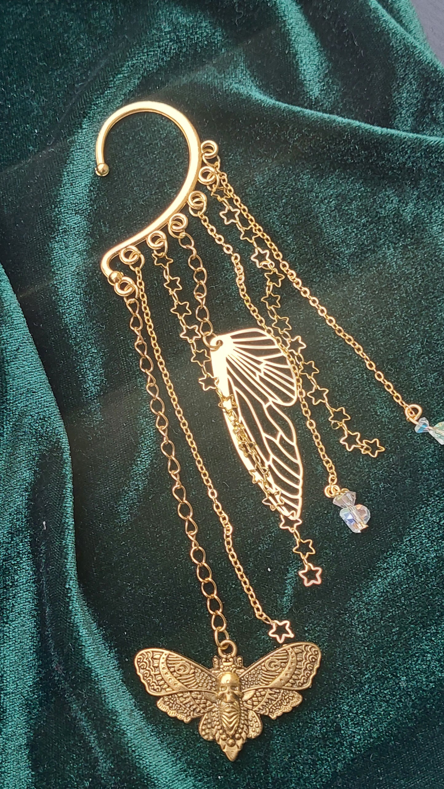 Mystical Moon Moth Ear Cuff – Gold Fairycore Butterfly Earcuff with Crystals | Non-Pierced Fantasy Jewelry, Handmade Gift