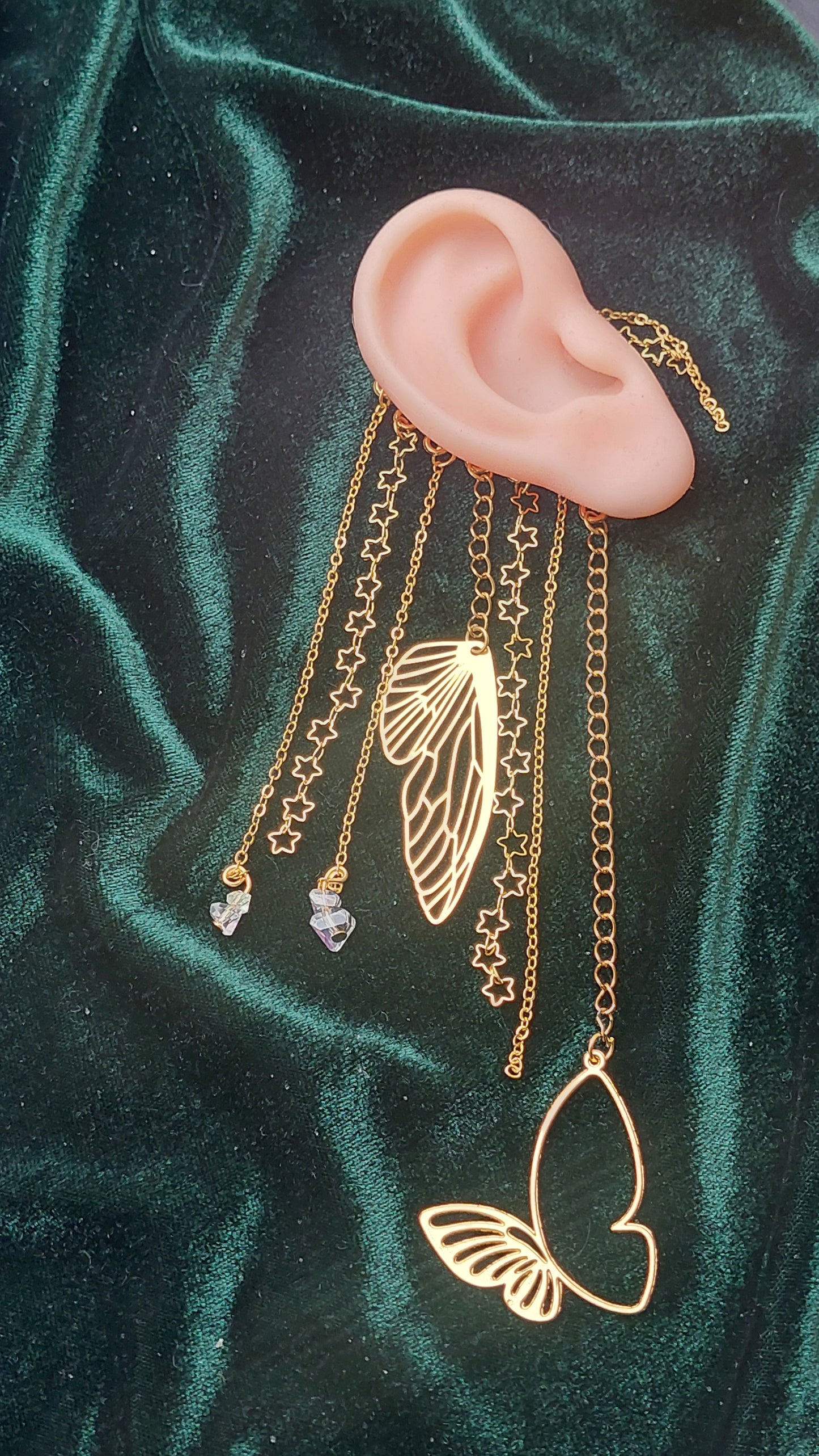 Mystical Moon Moth Ear Cuff – Gold Fairycore Butterfly Earcuff with Crystals | Non-Pierced Fantasy Jewelry, Handmade Gift