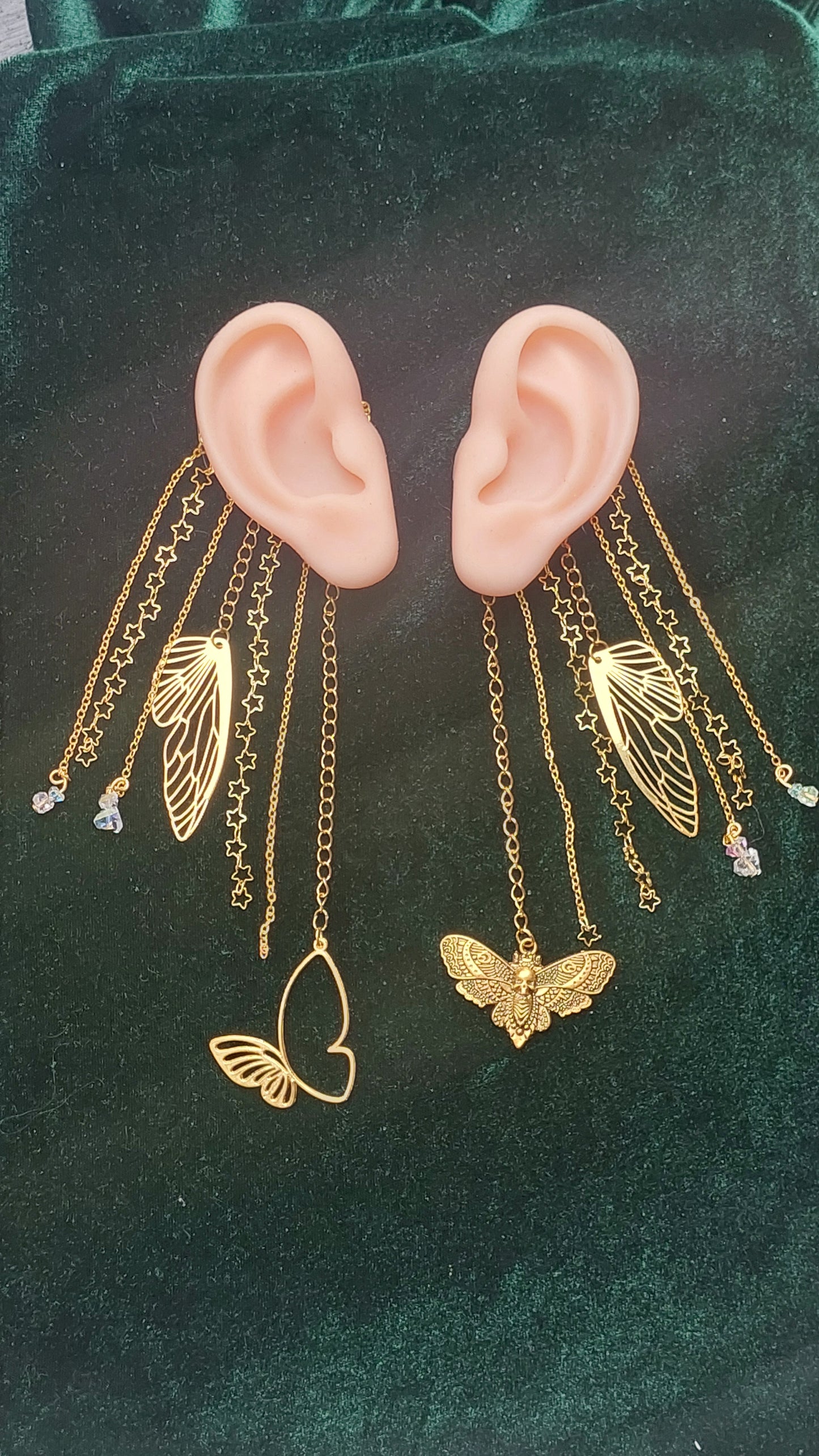 Mystical Moon Moth Ear Cuff – Gold Fairycore Butterfly Earcuff with Crystals | Non-Pierced Fantasy Jewelry, Handmade Gift