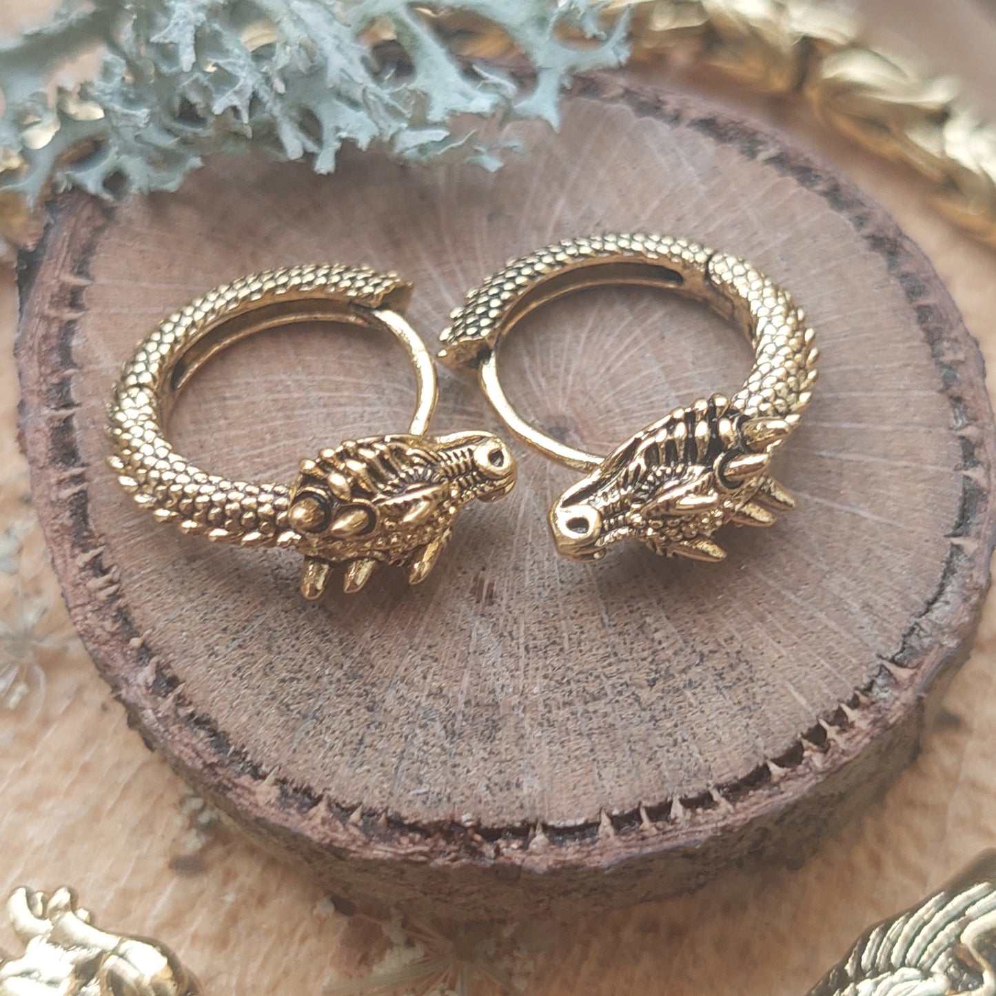 Dragon Jewelry Set, Gold, Silver Viking Bracelet, Earrings, Mythical Gift for Her, for Him