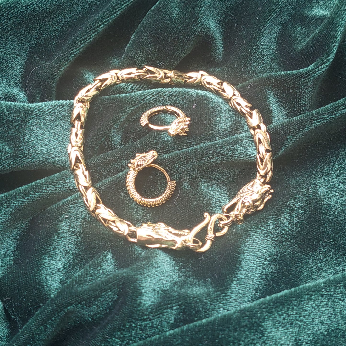 Dragon Jewelry Set, Gold, Silver Viking Bracelet, Earrings, Mythical Gift for Her, for Him