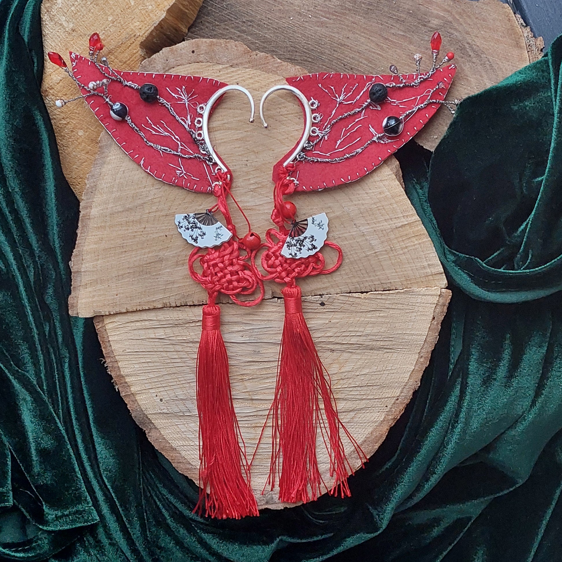 One of a kind red elf ear cuff with silver chains and pendants