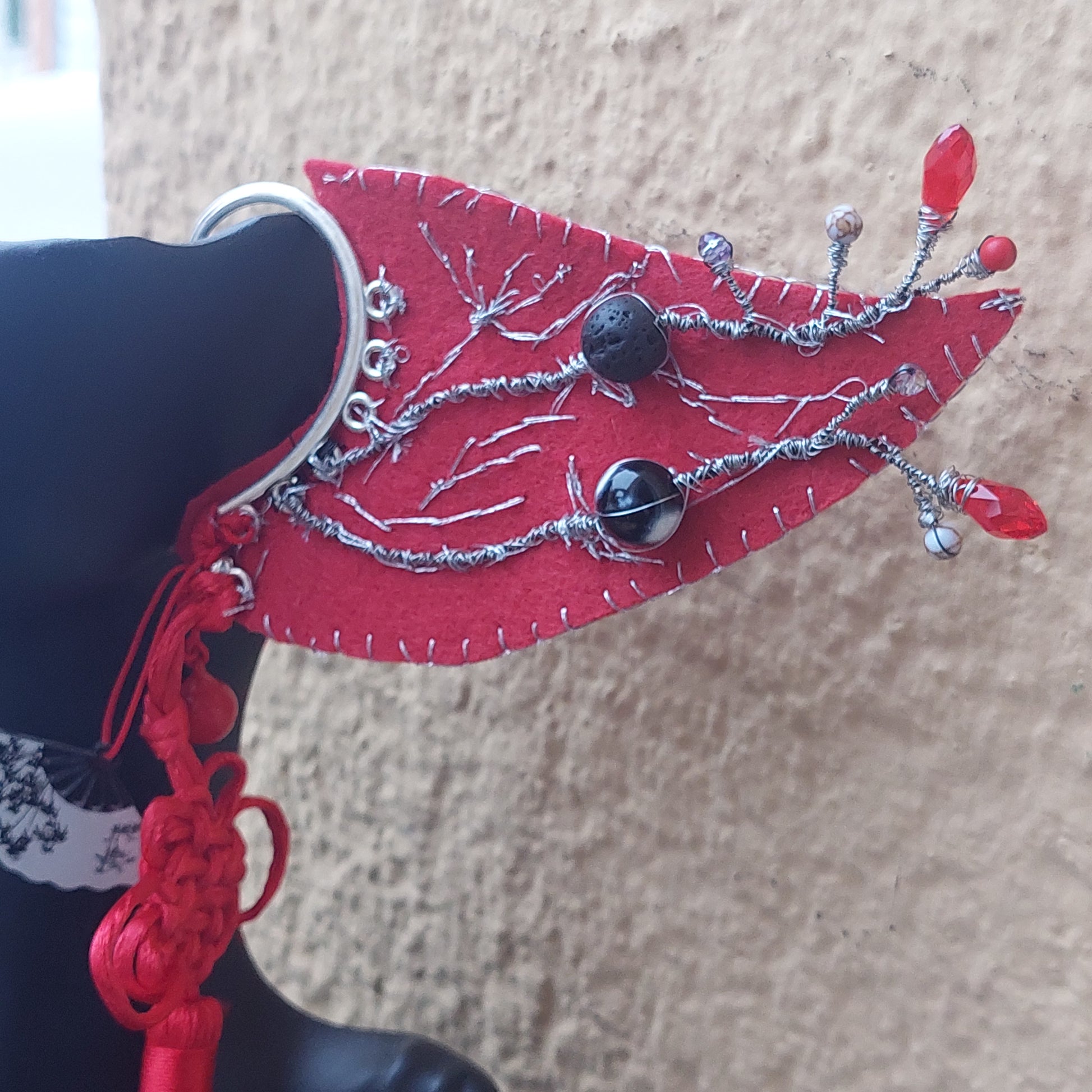 Handmade red fairy elf ear cuff with embroidery and crystals