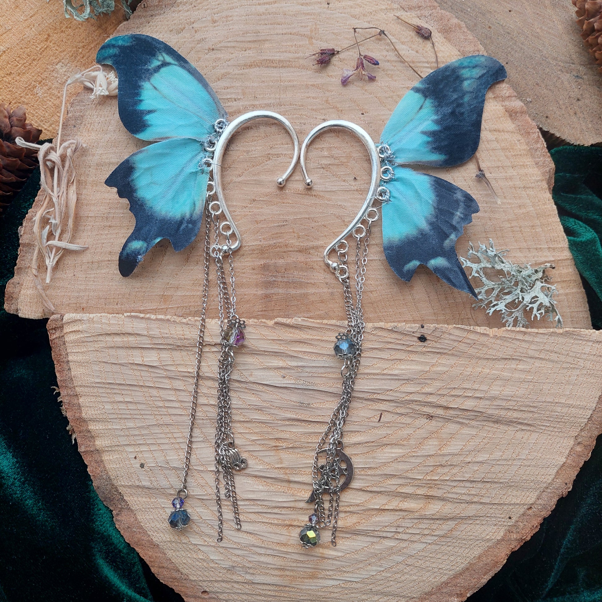 Dark fantasy moon moth cosplay ear jewelry - full length showing 16cm design