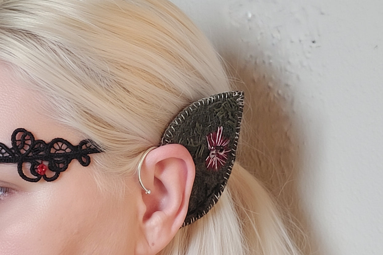 Hand embroidered dark fantasy elf ear cuffs inspired by forest botanics. 