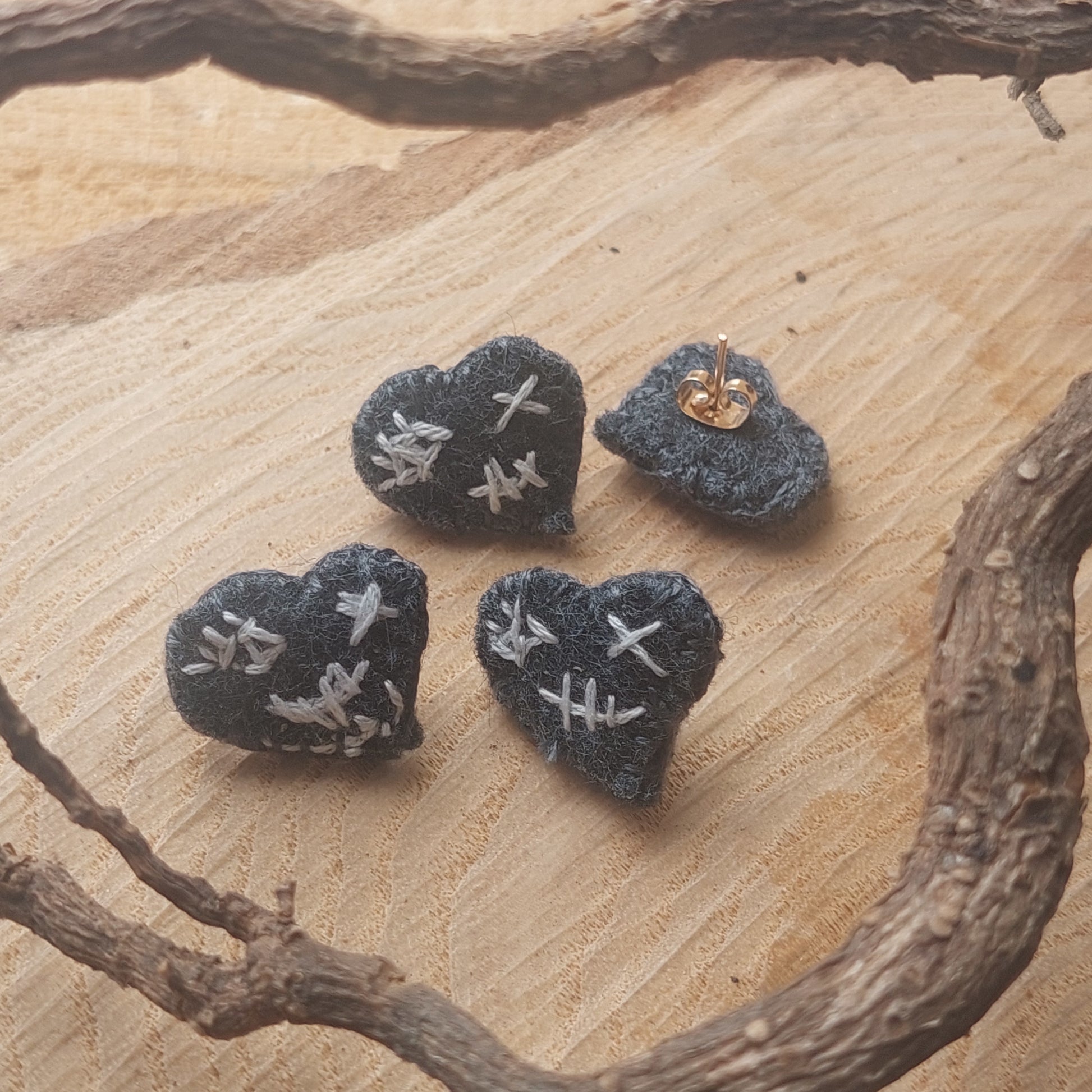 Gothic Broken Heart Stud Earrings – Minimalist Stoic Jewelry, Hand Embroidered Felt, “I Am Wounded Not Defeated”